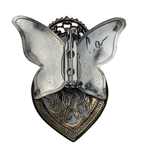 Vintage Silver Gold Tone Faux White Pearl Rhinestone Paisley Heart Angel Brooch - Picture 5 of 6